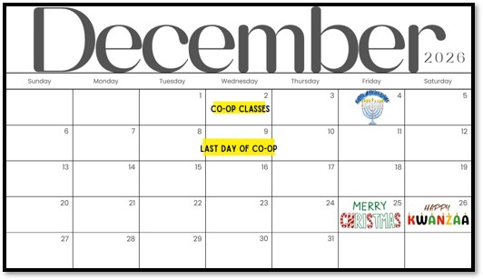 homeschool co-op december calendar