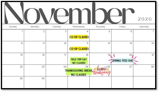 homeschool co-op november calendar