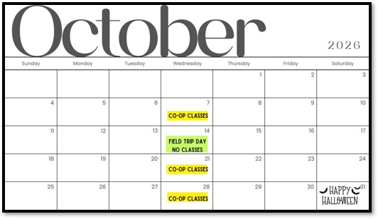homeschool co-op october calendar
