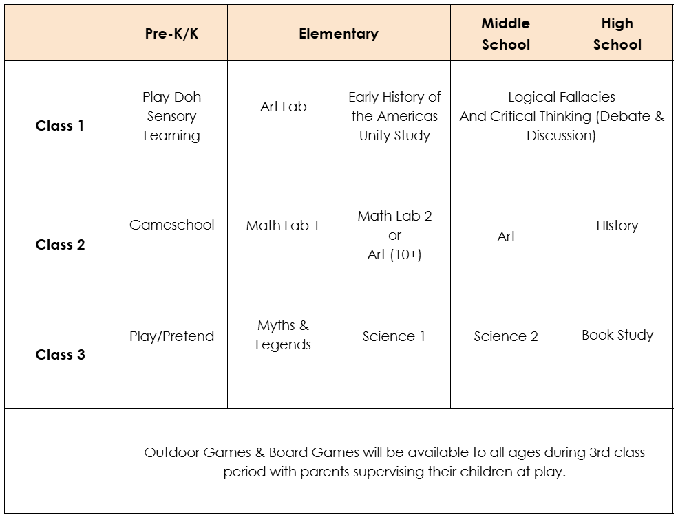 class schedule for homeschool co-op Fall 2026